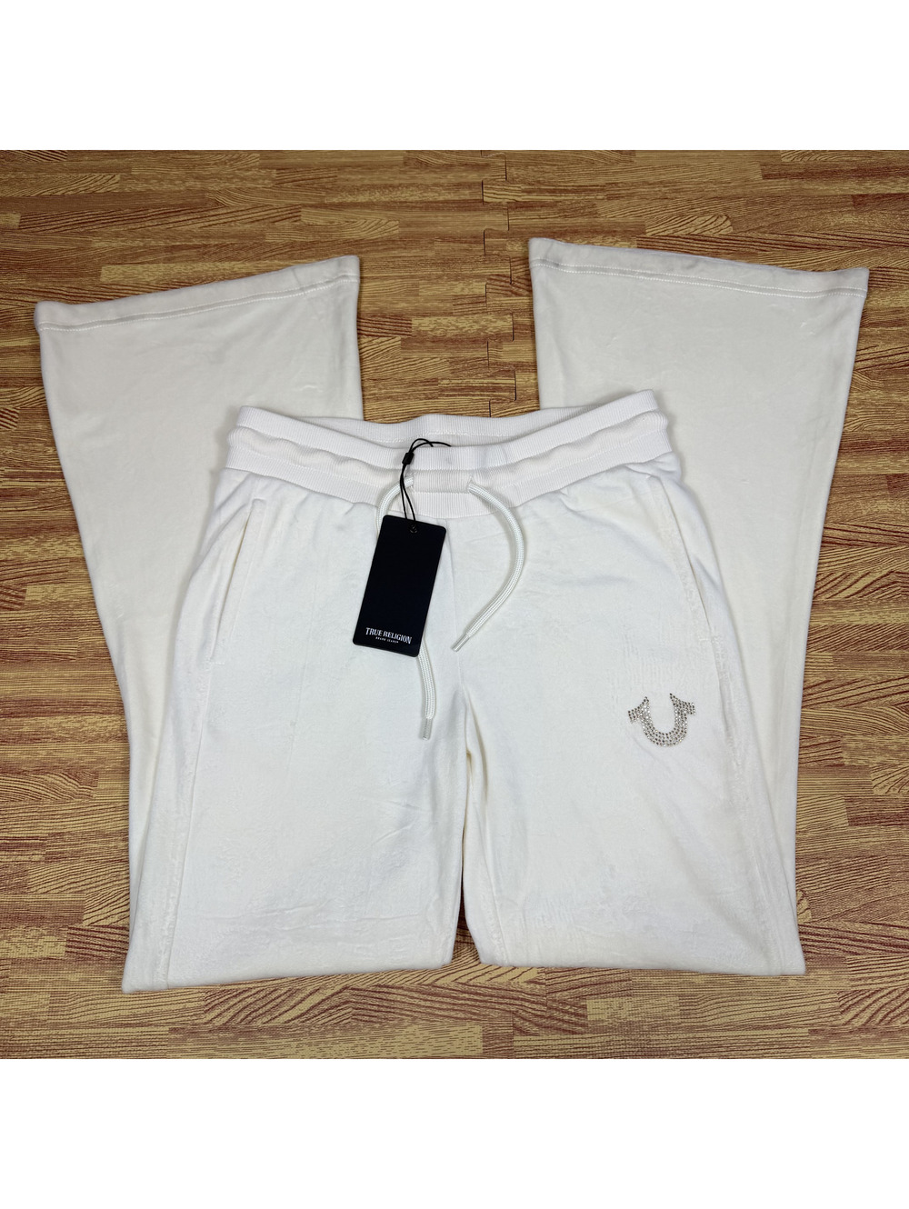 NWT True Religion Winter White Velour Flare Sweatpants XS Crystal Horseshoe Y2K